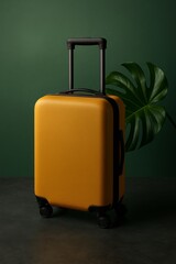 Yellow suitcase with monstera deliciosa leaf against a green background 