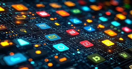 Colorful digital icons on a circuit board background - Powered by Adobe