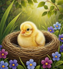 Sweet Baby Chick in Nest - A fluffy yellow baby chick nestled in a cozy bird's nest surrounded by vibrant wildflowers. Symbolizing new beginnings, innocence, springtime, gentleness, and hope