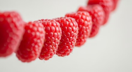 Sweet Raspberry Line Up - Juicy red raspberries arranged in a row, symbolizing freshness, sweetness, summer, abundance, and natural goodness