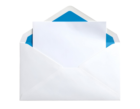 Elegant open mail envelope with a vibrant blue lining revealing a pristine blank card for your message