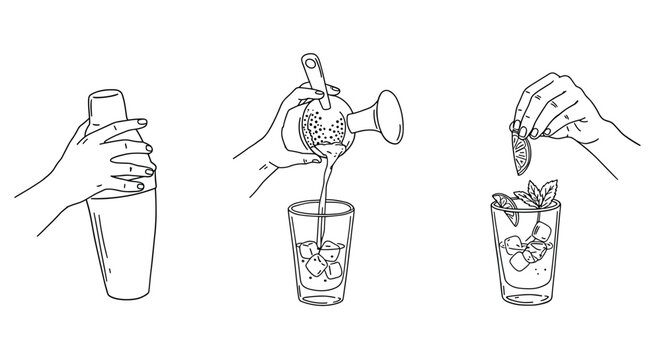 Cocktail preparation steps vector illustration: crafting refreshing drinks in line art style