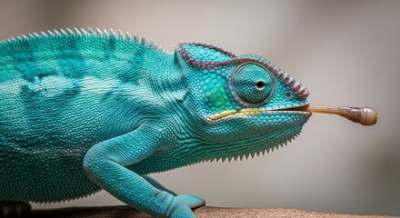Vibrant Blue Chameleon Close Up - A stunning close-up of a vibrant blue chameleon, showcasing its intricate scales, expressive eyes, and unique ability to catch prey with its long tongue.