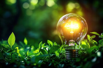 A glowing light bulb rests among green leaves, symbolizing eco-friendly energy and innovation in nature.