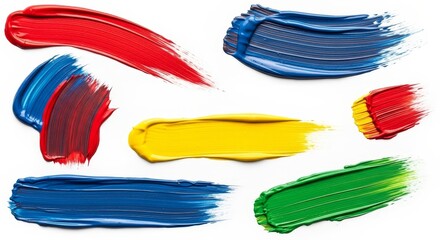 Vibrant Color Swirls: Acrylic Paint Strokes - Abstract art featuring dynamic brushstrokes of red, blue, yellow, and green acrylic paint on a white background.