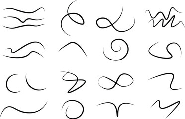 Set of hand-drawn curved strokes, waves, spirals. Black wavy lines elements 