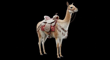 Vicuña with Saddle - A vicuña, a South American camelid, stands elegantly with a richly decorated saddle. The background is black