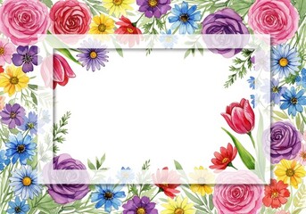 Watercolor Floral Frame with Blank Space - Colorful watercolor flowers border, spring bloom, garden theme, romantic design, blank space for text.