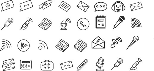 Modern black line icons for communication and technology concepts