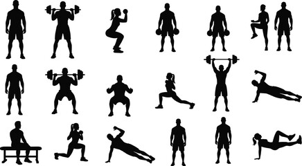 Fitness exercise silhouettes, workout poses, strength training, bodyweight exercises, gym routine, squats, lunges, planks, weightlifting, active lifestyle, fitness icons, healthy movement