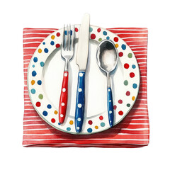 Watercolor Polka Dot Plate with Cutlery isolated on transparent white background, clipping path