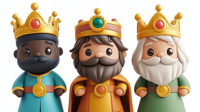 Adorables 3 Reyes Magos de dibujos animados en 3d, hechos de plastilina, cantando villancicos en navidad, sobre fondo blanco. Concepto fiestas de navidad,a&ntilde;o nuevo y Reyes