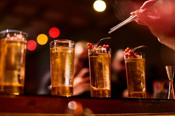 Bartender Preparing Cocktails at a Bar Counter	
