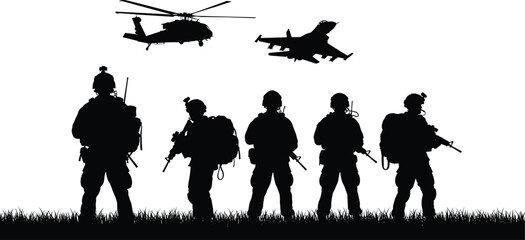 Military silhouettes with soldiers, helicopter and jet, armed forces scene, battlefield readiness, tactical gear, air support, defense concept, war zone, combat operation