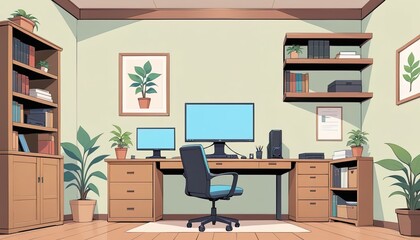 A home office space with a light beige color palette.