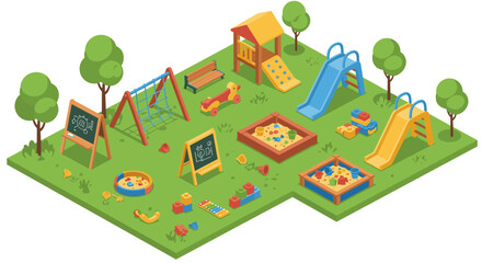 Isometric playground vector illustration with swings, slides, and sandbox for children's design projects