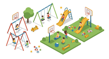 Playground fun isometric vector illustration for children's activity and park design