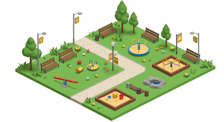Isometric playground vector illustration - design for children's recreational area with slides, sandbox, and benches