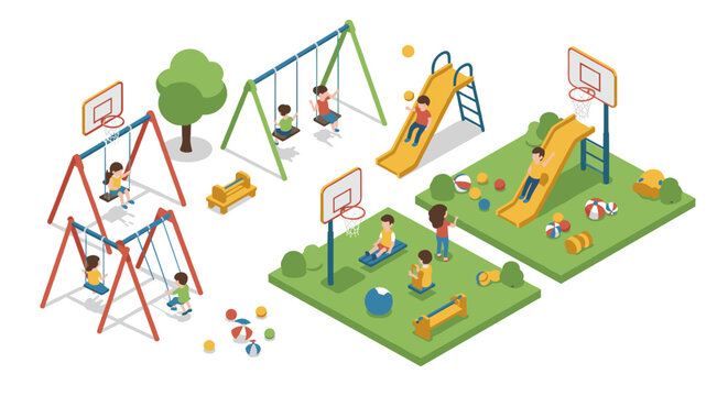 Playground fun isometric vector illustration for children's activity and park design