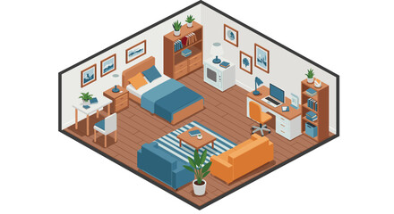 Isometric cozy home office vector illustration: modern workspace design for posters or prints
