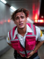 Panicked young male emergency responder with stomach pain in subway tunnel after accident or injury