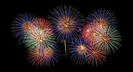 Vibrant fireworks display explodes in the night sky, showcasing a multitude of colorful bursts and radiant trails.