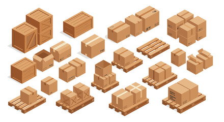 Fototapeta premium Isometric vector illustration of cardboard boxes and wooden crates on pallets for logistics and shipping designs
