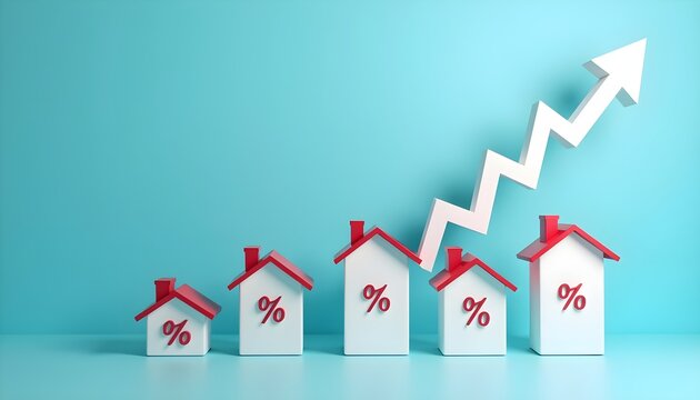 A row of small white houses with red roofs and percentages on them, set against a blue background with a rising upward arrow