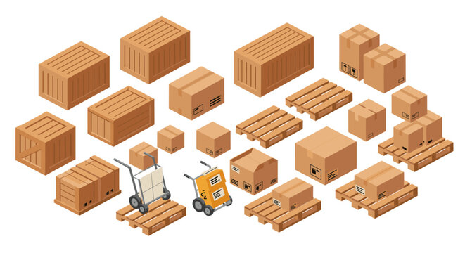 Warehouse and logistics equipment isometric vector illustration for shipping and cargo management design