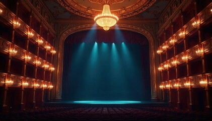 Obraz premium Grand Opera House Interior Dramatic Crystal Chandeliers Illuminate Ornate Architecture, Casting Shadows on a Dark Stage Awaiting the Performance