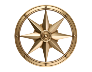A gleaming brass compass rose with eight points symbolizes direction and exploration.