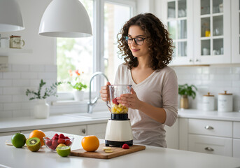 Woman preparing a healthy smoothie in a modern kitchen, adding fruit to a blender.