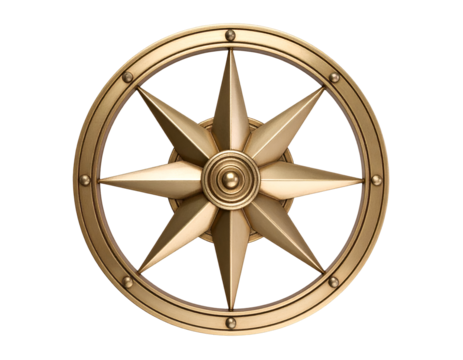 A gleaming brass compass rose with eight points symbolizes direction and exploration.