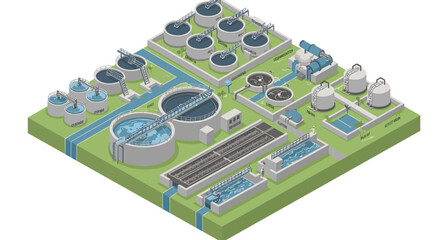 Obraz premium Isometric vector illustration of industrial water treatment plant for engineering design