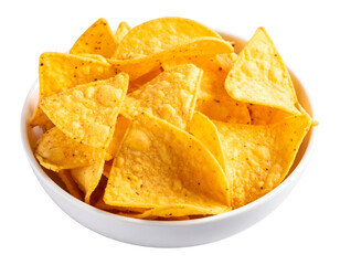 A vibrant white bowl overflows with crispy golden tortilla chips, ready for a delicious snack.