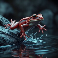 A lifelike frog, detailed texture, leaps from a rock into water, creating a dramatic splash. Futuristic sci-fi style, rich burgundy and deep blue color scheme, advanced technology elements,