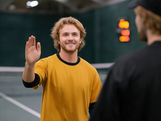Young man in a yellow sports shirt is greeting a friend on a tennis court, showcasing a friendly interaction and the excitement of sportsmanship in a vibrant athletic environment