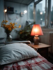 Cozy Bedroom Scene with Soft Lighting, Bed, Flowers, and Vintage Decor in a Sunlit Space