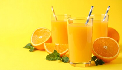 Fototapeta premium Zumo de Naranja, rodeado de Naranjas naturales y fondo naranja