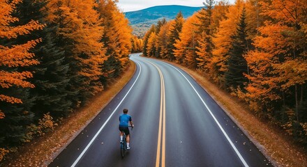 Fototapeta premium A cyclist riding on a road lined with autumn trees and a mountain in the distance under a cloudy sky