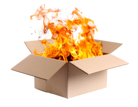 A powerful inferno rages within an ordinary shipping carton, illustrating a volatile situation or unforeseen hazard.