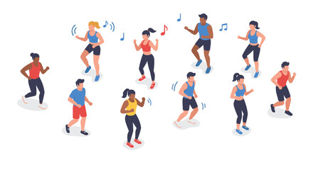 Isometric vector illustration of diverse people dancing and exercising to music for fitness and health design