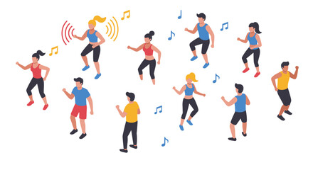 Isometric vector illustration of people engaging in aerobic dance for fitness and fun