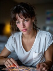 Young woman using a digital tablet with bright screen and colorful abstract visuals indoors at home