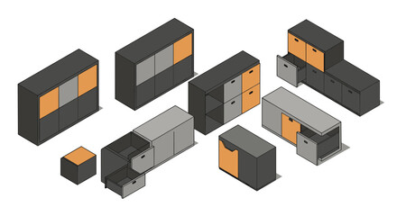 Isometric vector illustration of modular storage furniture design for interior spaces