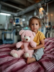 Young girl sitting on hospital bed holding pink teddy bear in medical environment with monitors and equipment