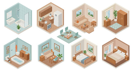Fototapeta premium Isometric home interiors vector illustration: modern design for home decor and interior planning