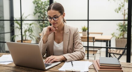 Woman wearing glasses and a blazer working on a laptop at a wooden desk in a bright office space