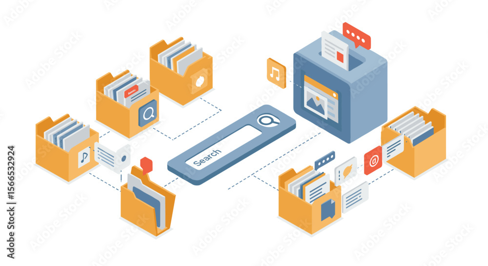 Poster isometric file organization and search system vector illustration for web and print design