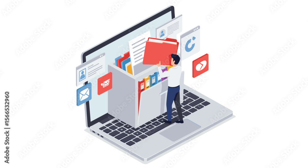 Poster digital file management vector illustration: organizing documents and data for efficient storage in 